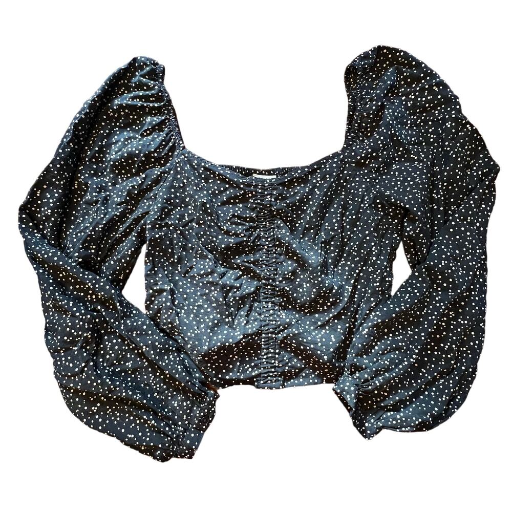 A New Day Boho Black White Balloon Sleeve Blouse Ruched Crop Top Size Medium - Picture 7 of 12